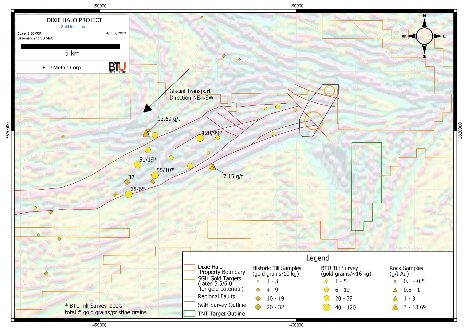 Figure 1: Surface indications of gold mineralization across BTU Metals' Dixie Halo Property