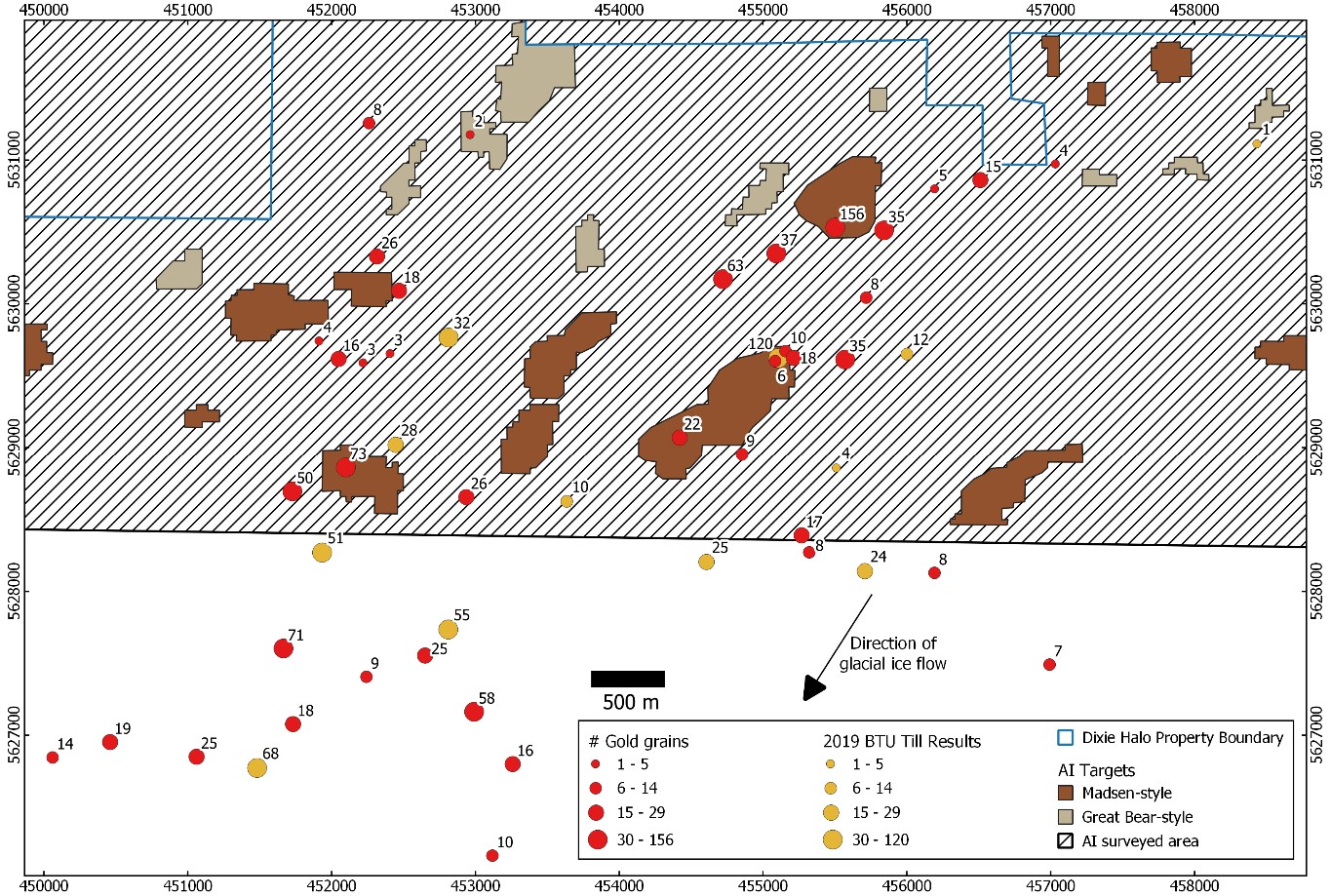 Figure 1: Total # of gold grains from 2019 and 2020 BTU till sampling programs